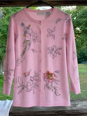 White Stag Pink Beaded Floral Cardigan L 12/14